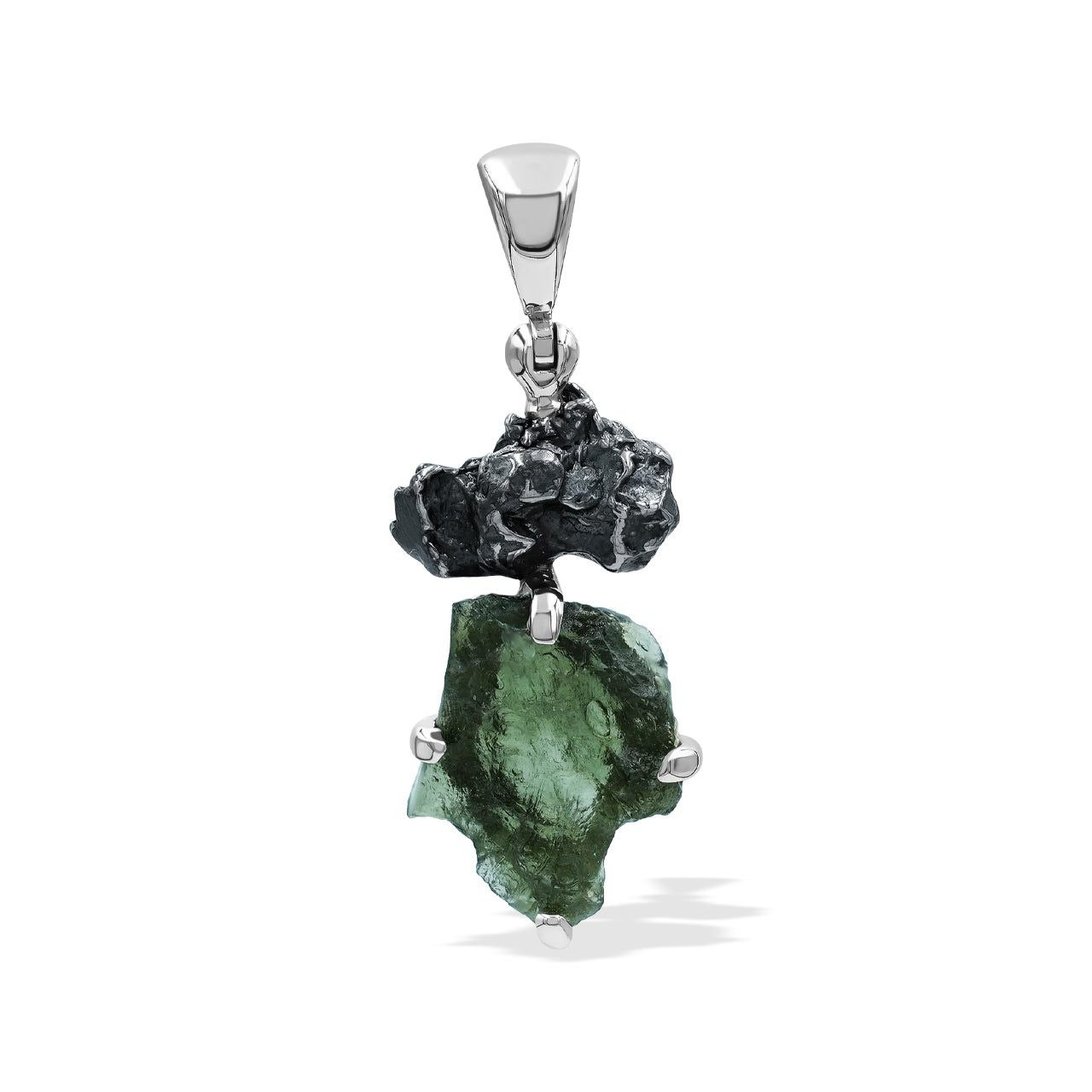 Starborn Moldavite & Campo del Cielo Meteorite Pendant in Sterling Silver