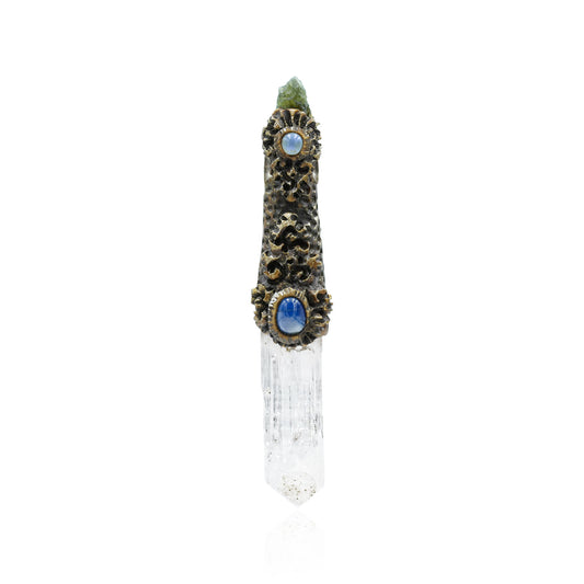Starborn Danburite Crystal Wand Pendant with Kyanite, Moldavite and Rainbow Moonstone