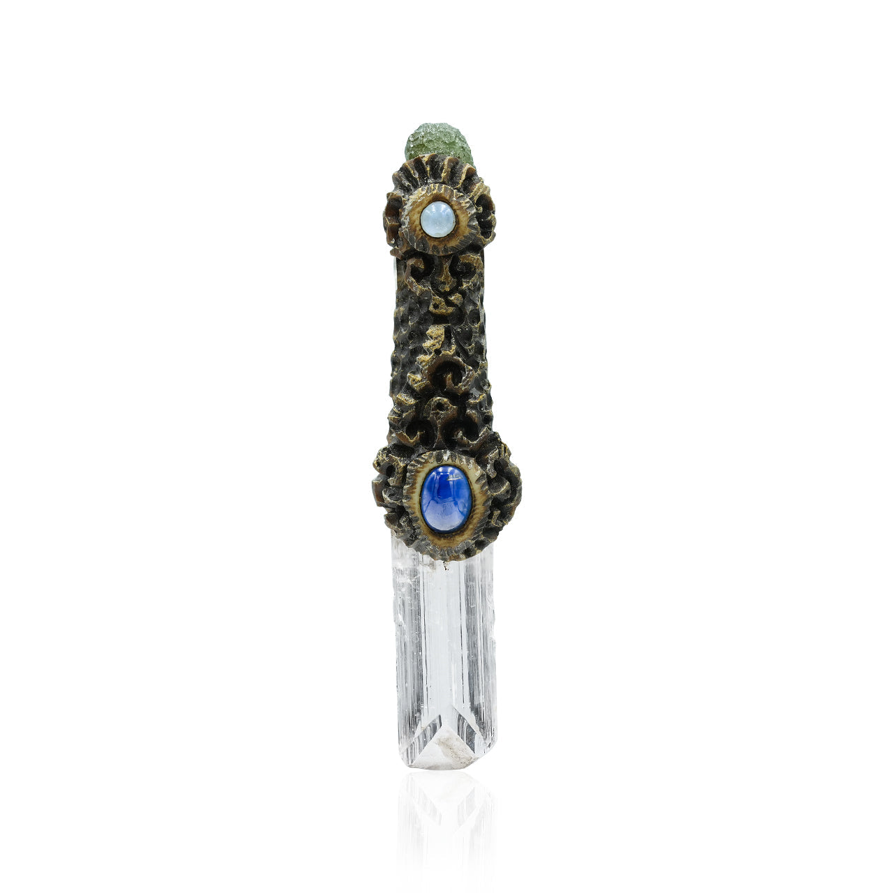 Starborn Danburite Crystal Wand Pendant with Kyanite, Moldavite and Rainbow Moonstone