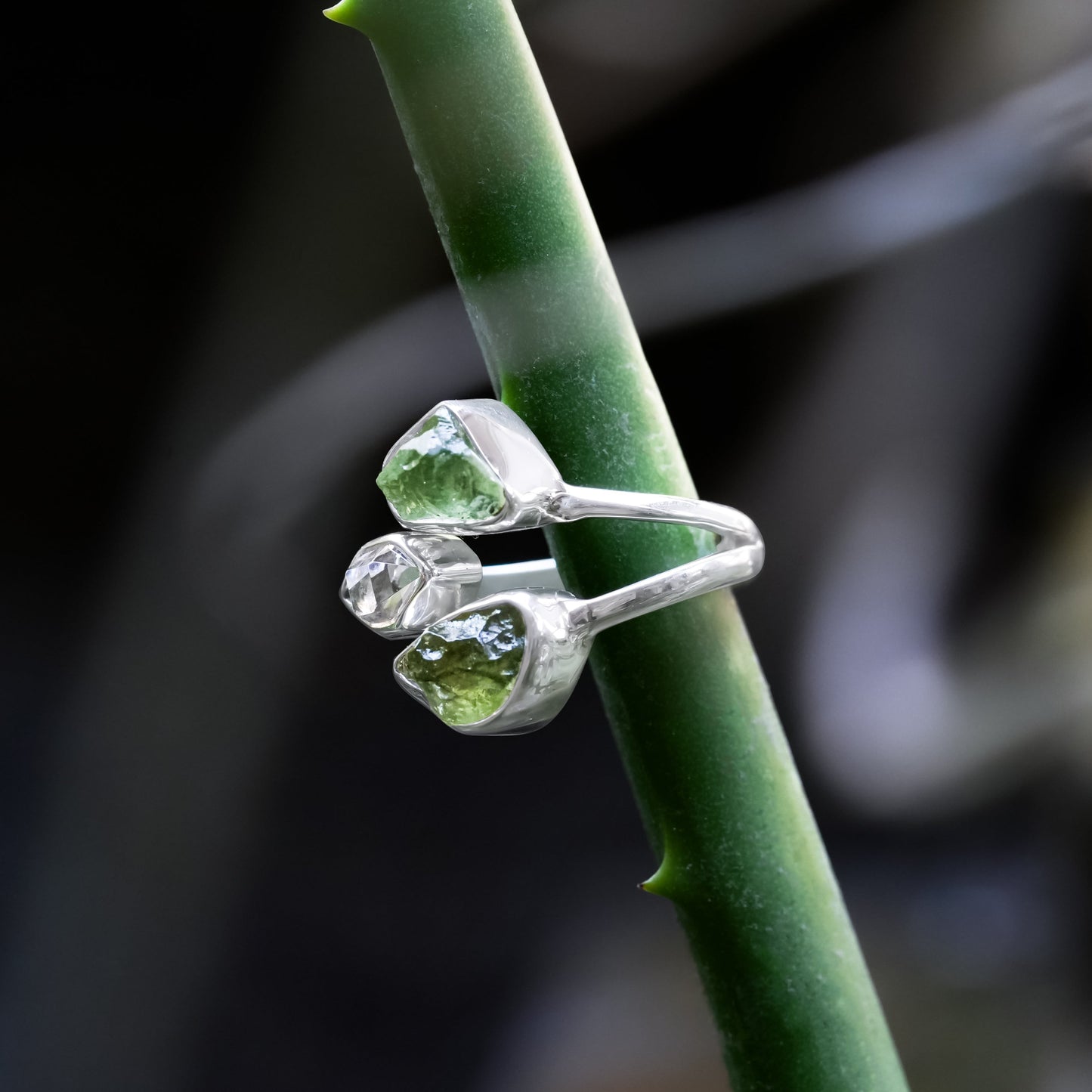 Starborn Moldavite and Herkimer Diamond Ring in Sterling Silver