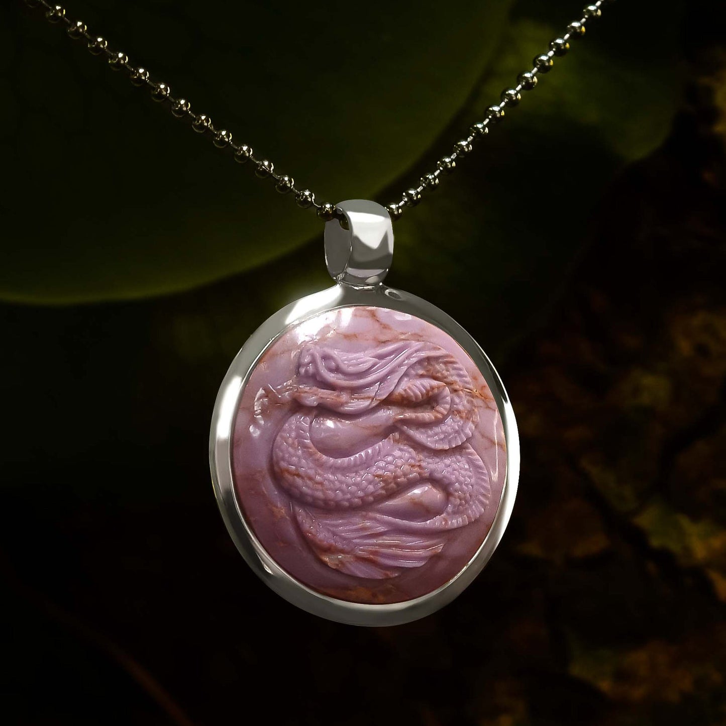 Starborn Phosphosiderite Carved Dragon 1.65" Medallion Style Pendant in Sterling Silver