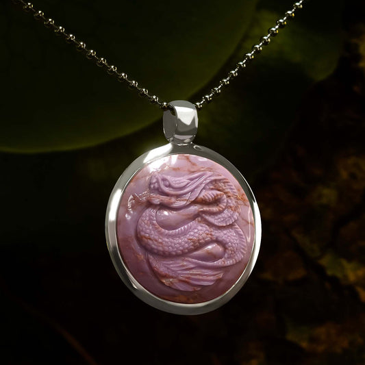 Starborn Phosphosiderite Carved Dragon 1.65" Medallion Style Pendant in Sterling Silver