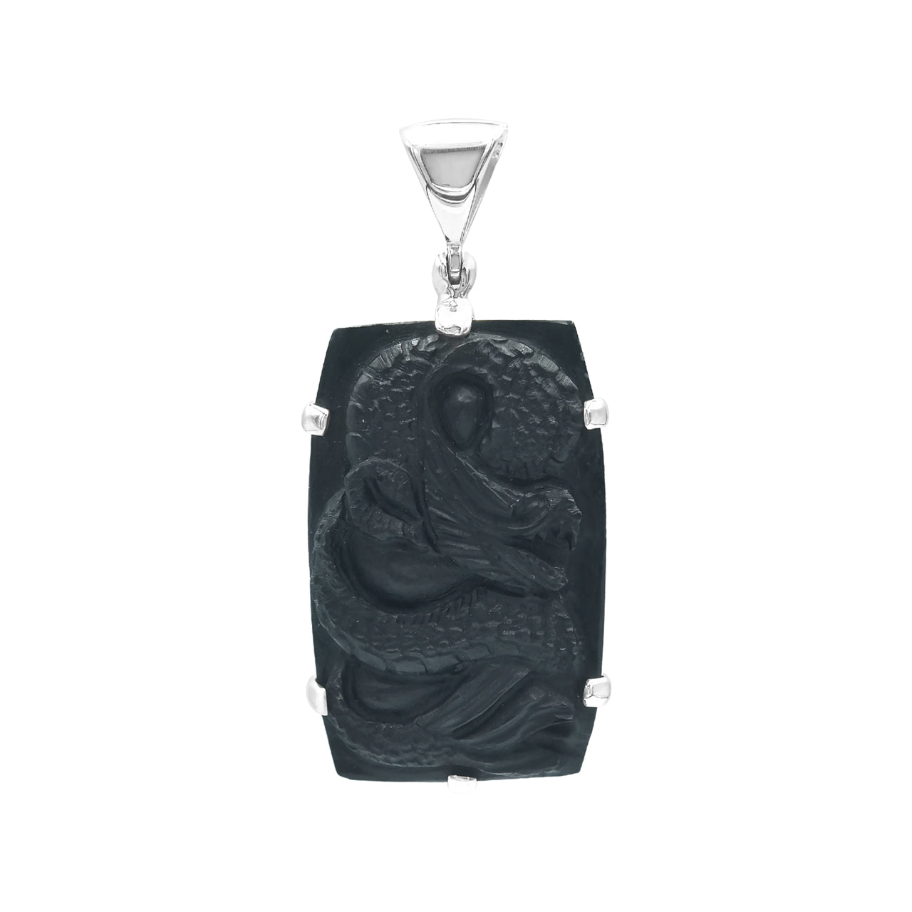 Starborn Carved Shungite Dragon Prong Set Pendant in Sterling Silver