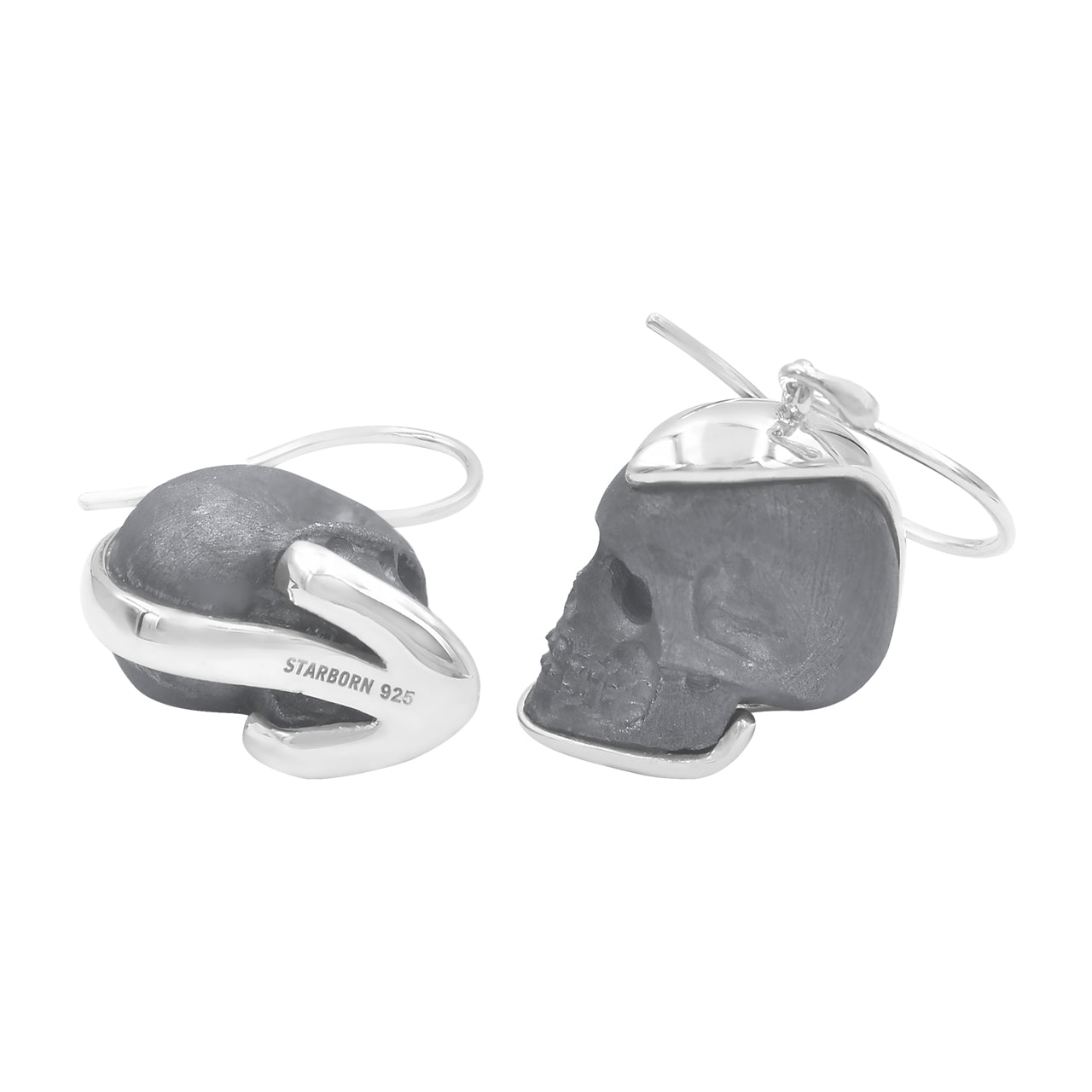 Starborn Hand Carved Pure Elemental Silica Skull Dangle Earrings in Sterling Silver.
