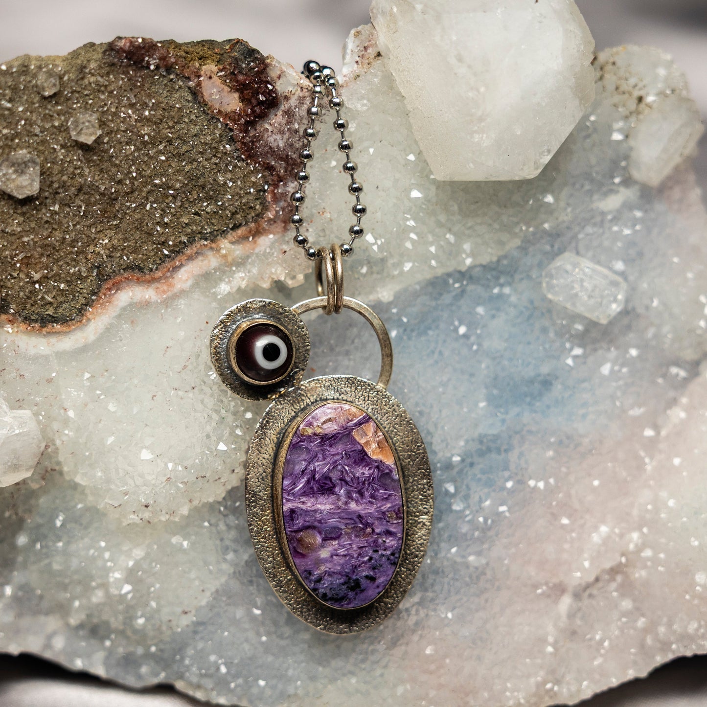 Charoite Evil Eye 925 Sterling Silver Pendant