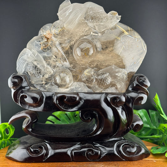 Gold Rutile in Quartz Goldfish Carving on Wood Stand