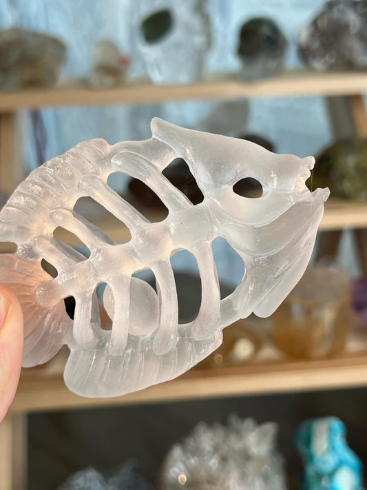 Clear Quartz Fish Skeleton Exquisite Carving with Clear Quartz Pebble