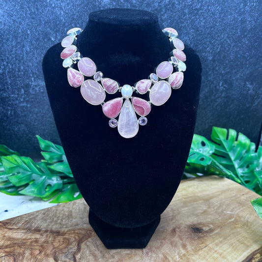 Rhodochrosite, Pearl & Rose Quartz Silver 925 Necklace