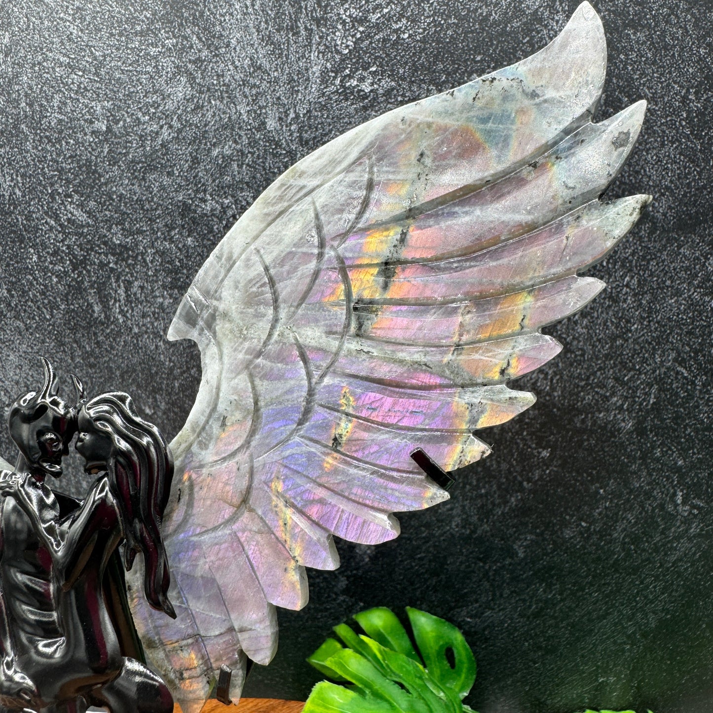 Sunset Labradorite Wings with metal Angel & Devil Stand