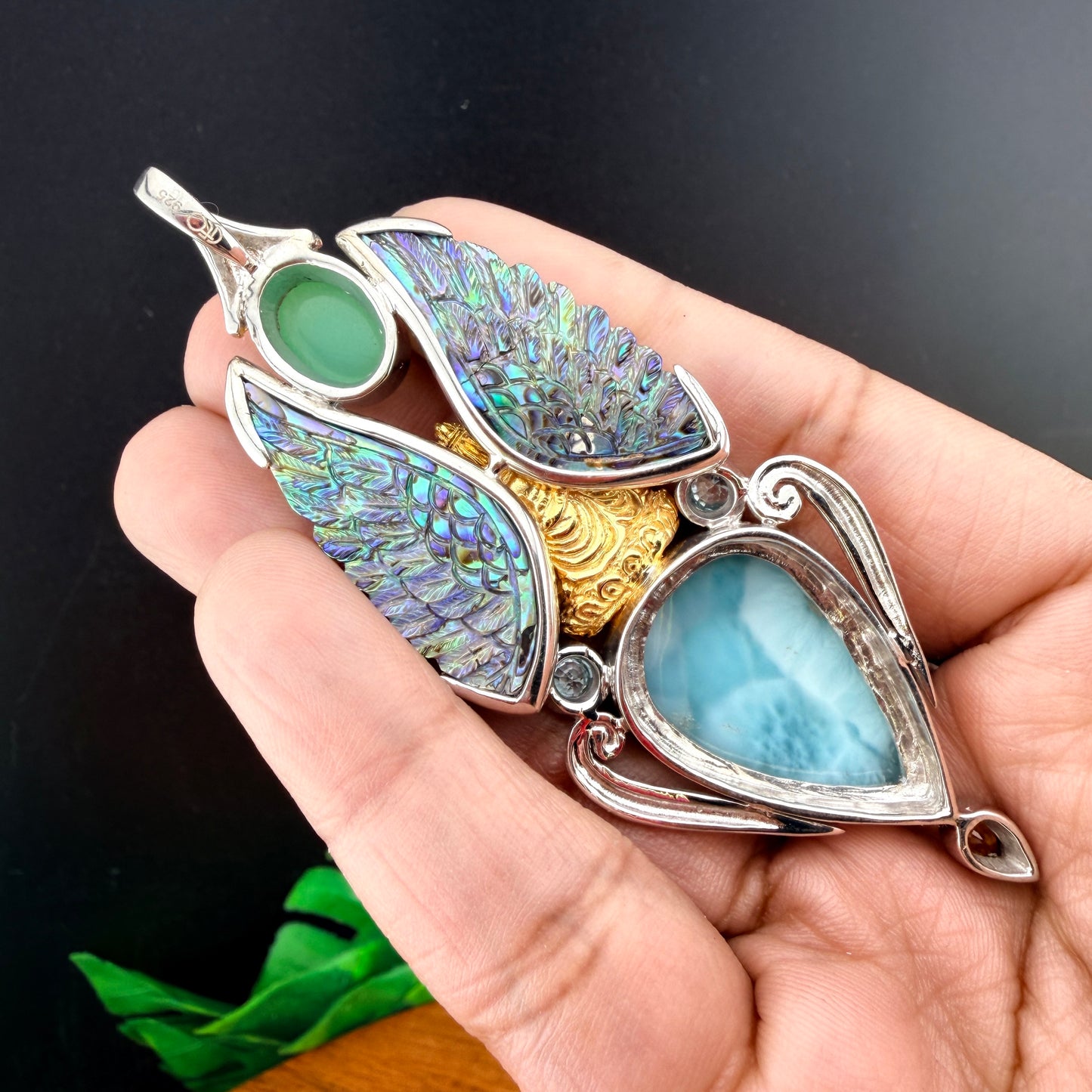 Gotland Mother of Pearl Wing Pendant in 925 Sterling Silver and Gold