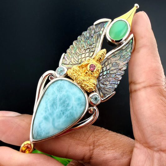 Gotland Mother of Pearl Wing Pendant with Diamond, Larimar & Aquamarine in 925 Sterling Silver and Gold