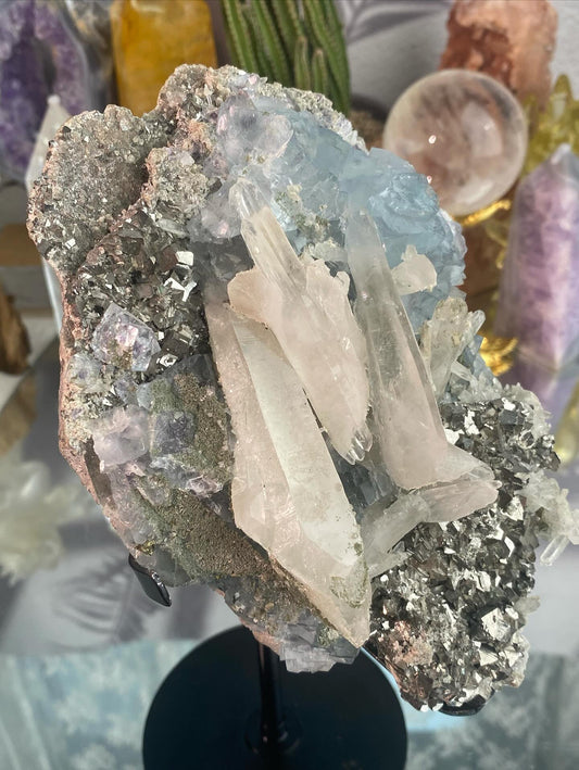 Rare Yaogangxian Fluorite, Clear Quartz, Pyrite, Chlorite and Calcite Specimen