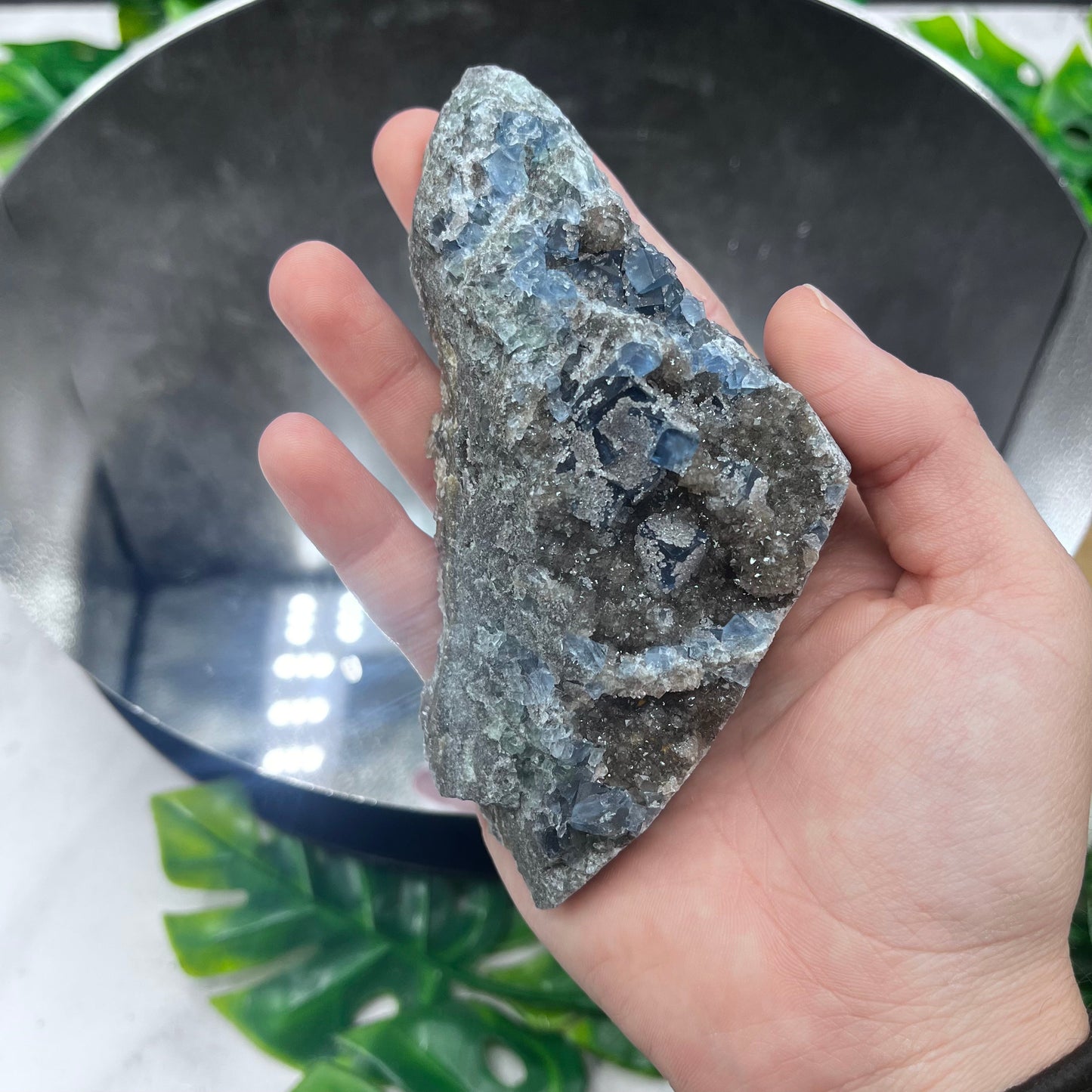 Yaogangxian Cubic Blue Fluorite on Black Druzy