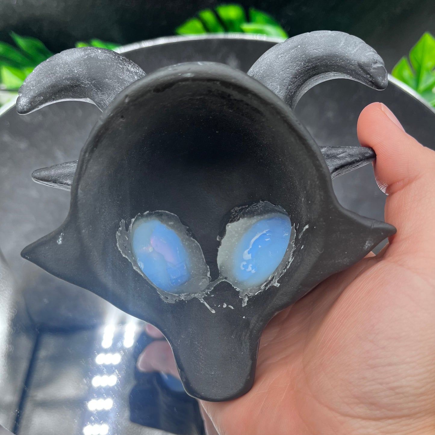 Black Obsidian Goat Head with Opalite Eyes