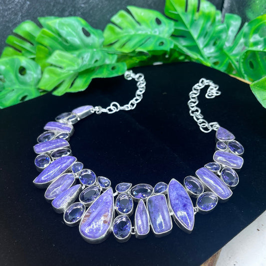 Charoite and Amethyst Sterling Silver Plated Necklace
