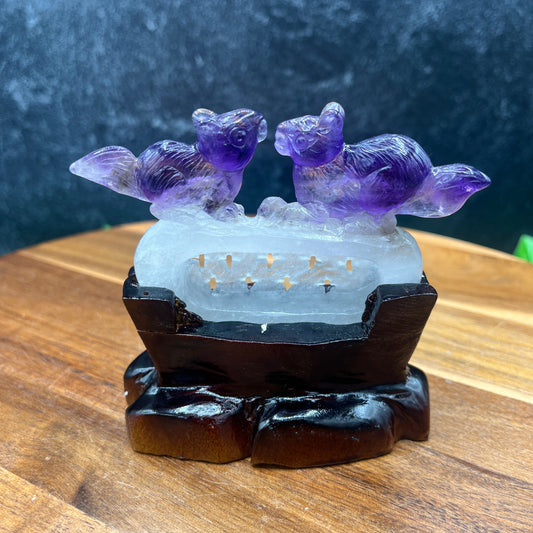 HQ Amethyst Squirrel Carving on Wooden Stand
