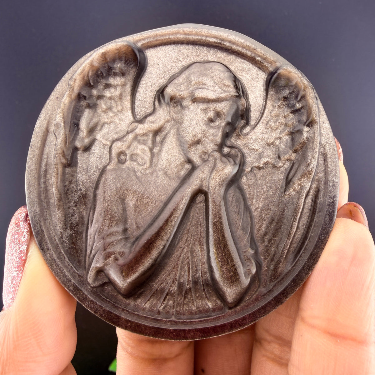 Silver Sheen Obsidian Angel Medallion