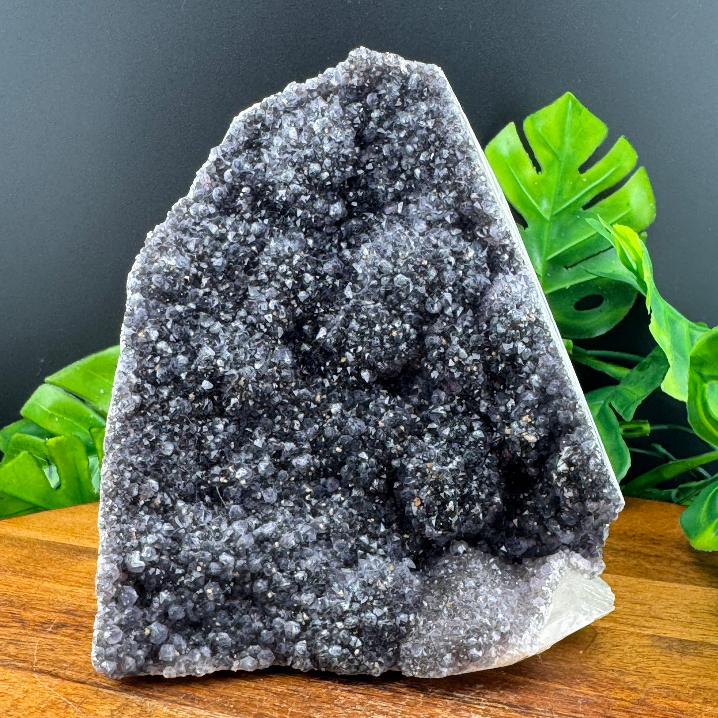 Black Amethyst Geode on Calcite with Cut Base