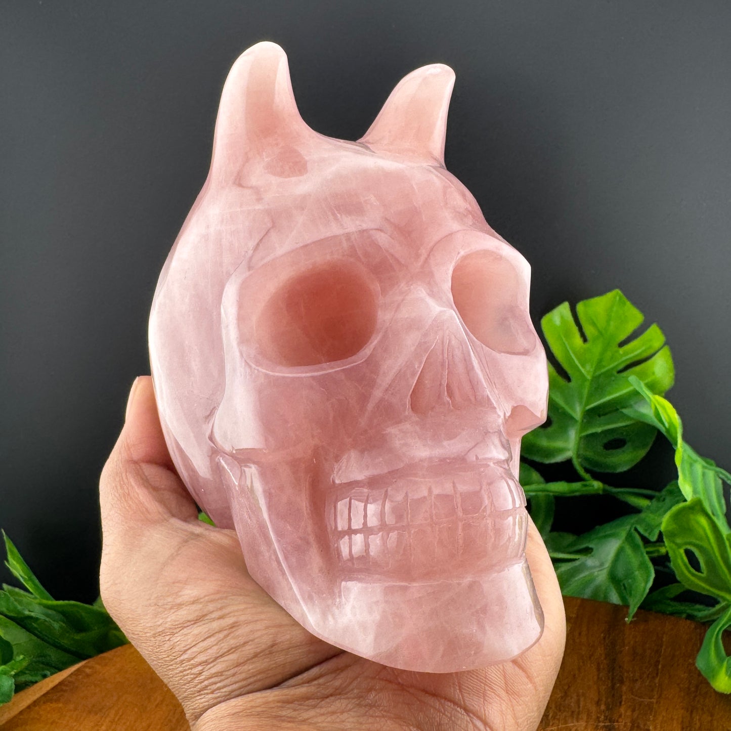 Gemmy Rose Quartz Demon Skull