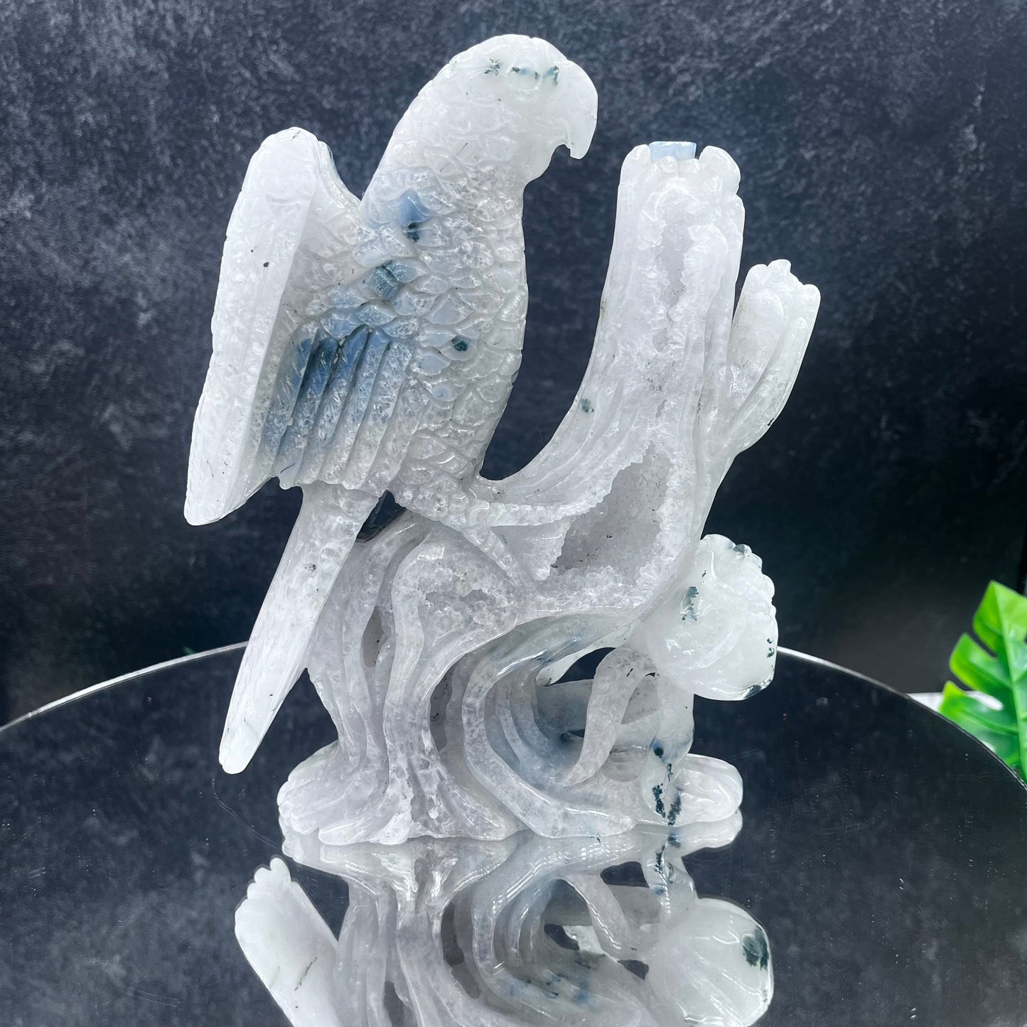 Moss Agate Parrot on Tree Carving