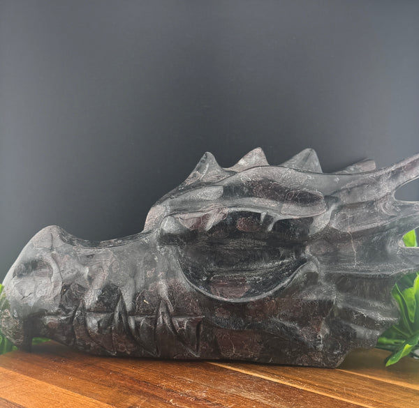 XL 12 inch Garnet in Arfvedsonite Dragon Carving