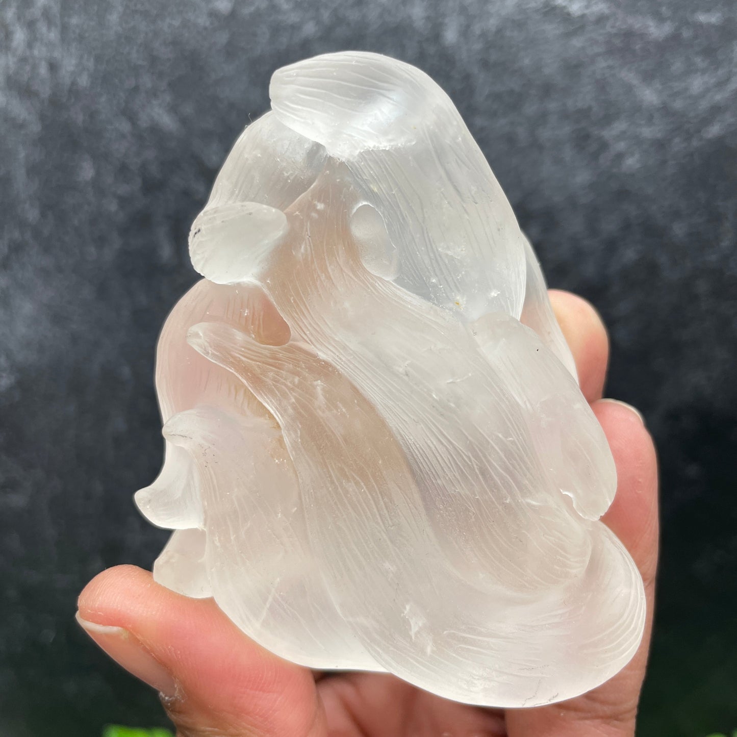High Quality Clear Quartz with Hematite Nine Tail Fox Carving