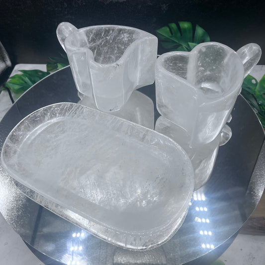 Clear Quartz Double Heart Cups with Saucer