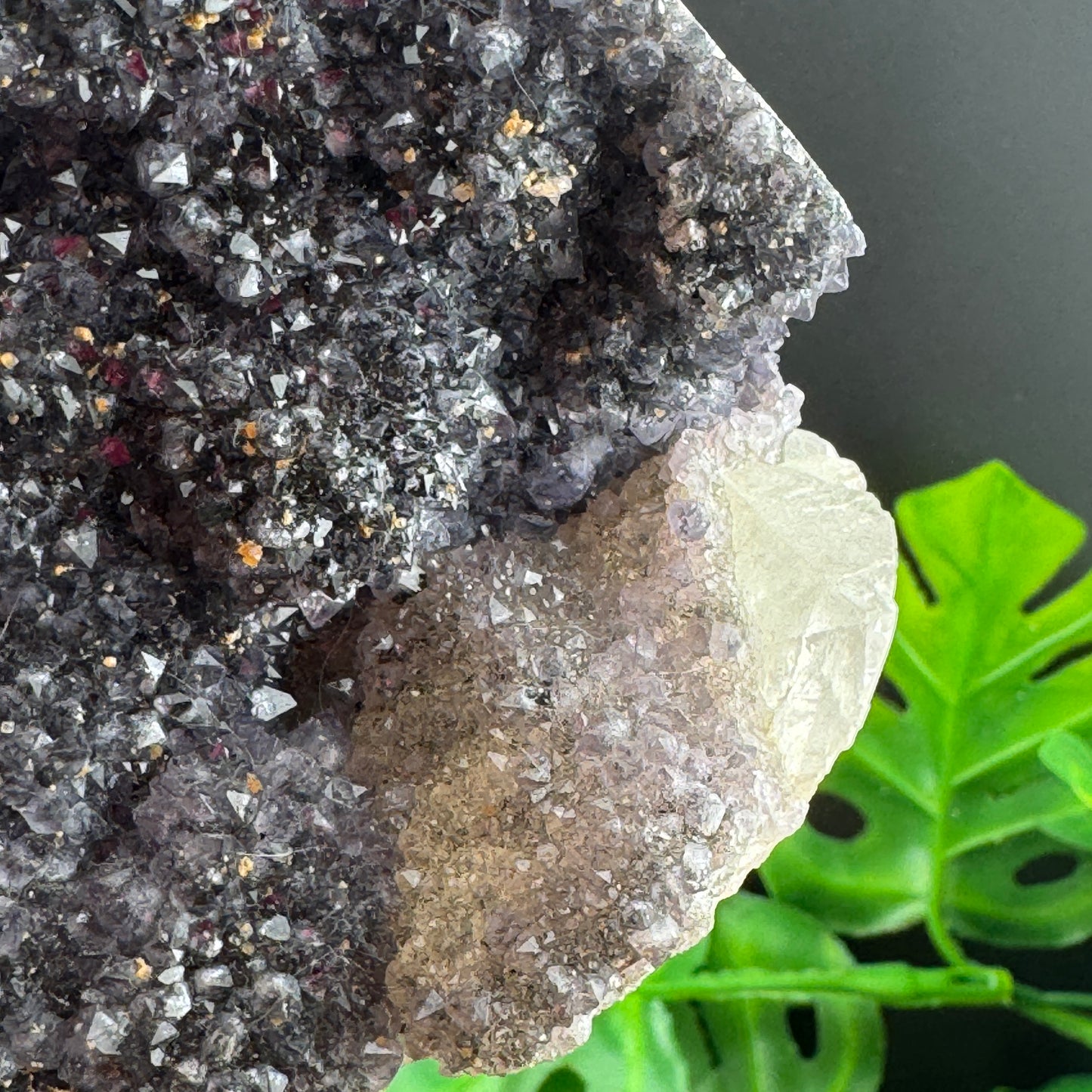 Black Amethyst Geode on Calcite with Cut Base