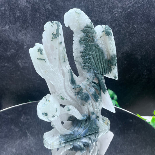 Moss Agate Parrot on Tree Carving