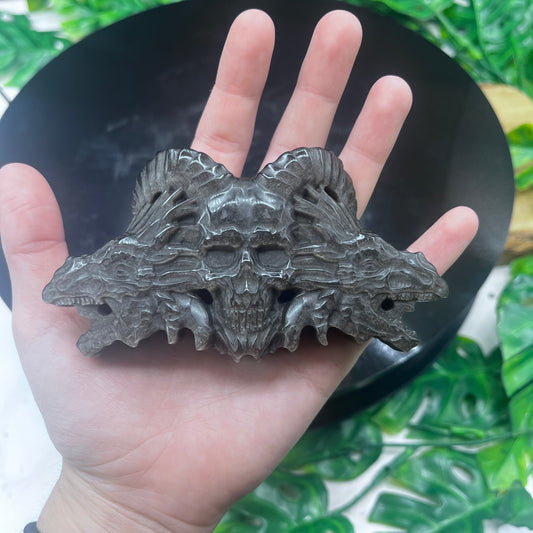 Silver Obsidian Horned Skull