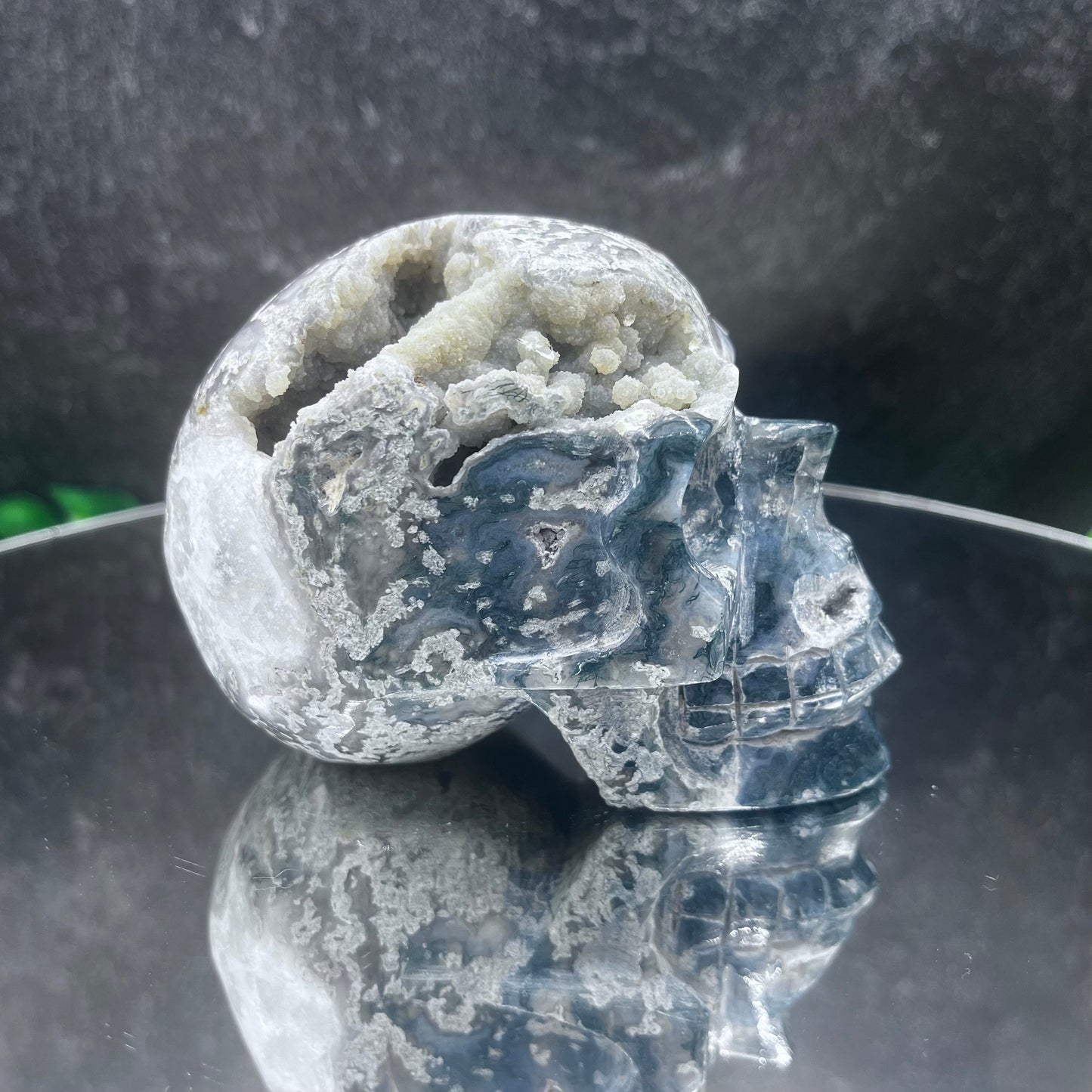 Grape In Moss Agate Skull