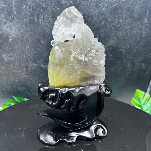 Rutile in Quartz Dragon on Stand