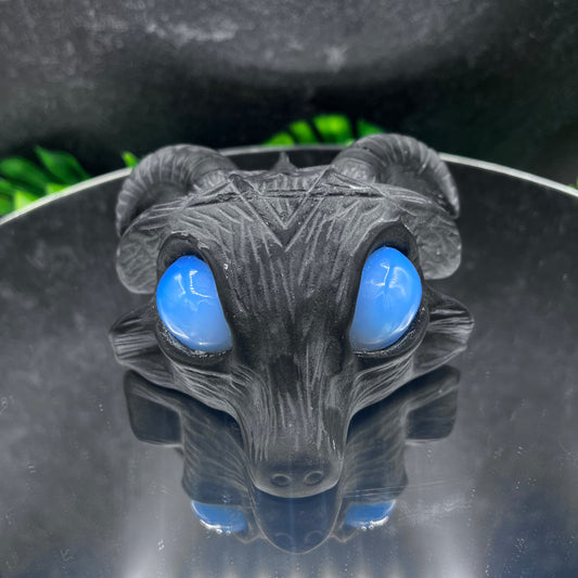 Black Obsidian Goat Head with Opalite Eyes