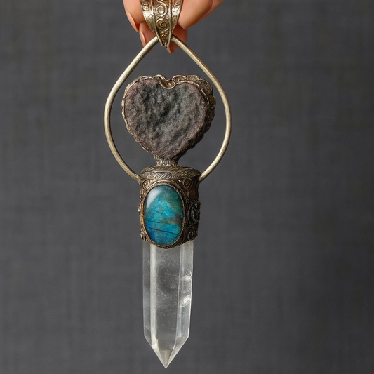 XL Druzy Heart with Labradorite & Quartz Pendant