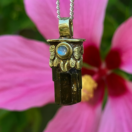 Brown Tourmaline & Rainbow Moonstone Pendant with Tibetan Silver