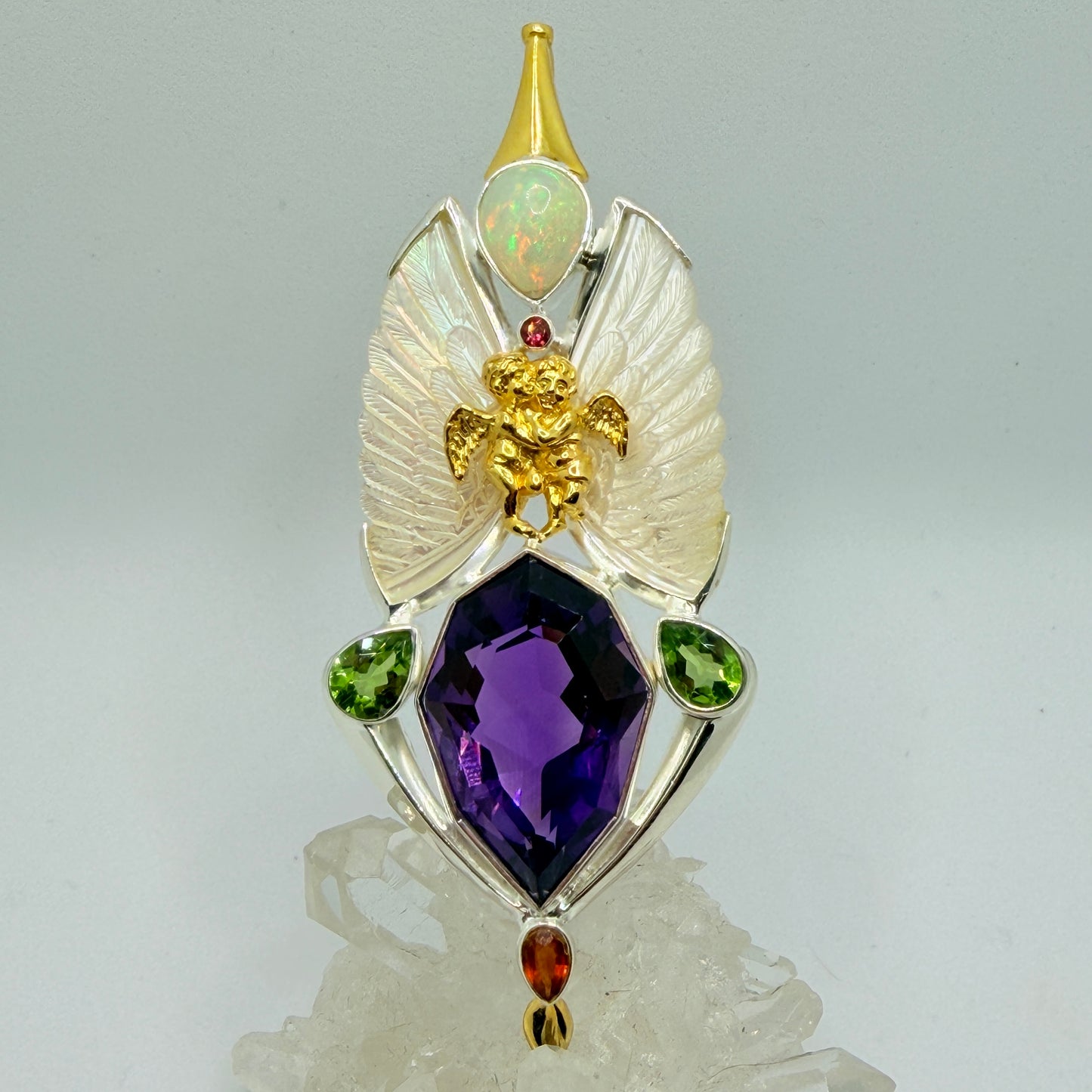 Gotland 12k Gold Pendant with Amethyst, Garnet, Opal, Peridot & Pink Tourmaline