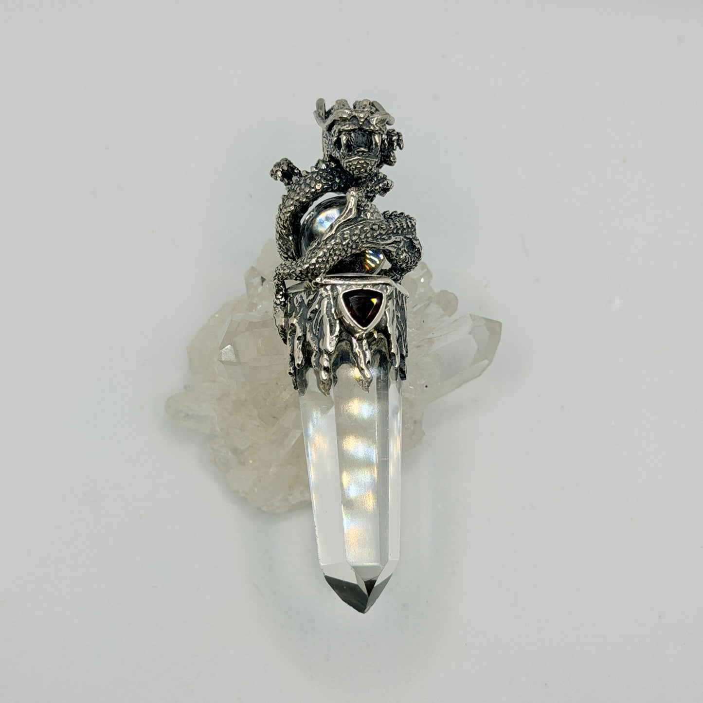 Gotland Sterling Silver Sphere on Dragon Quartz Tip Pendant with Garnet