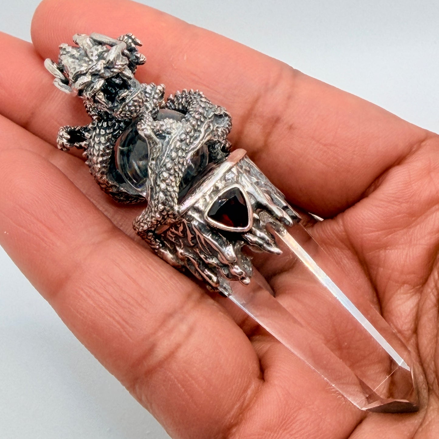 Gotland Sterling Silver Sphere on Dragon Quartz Tip Pendant with Garnet