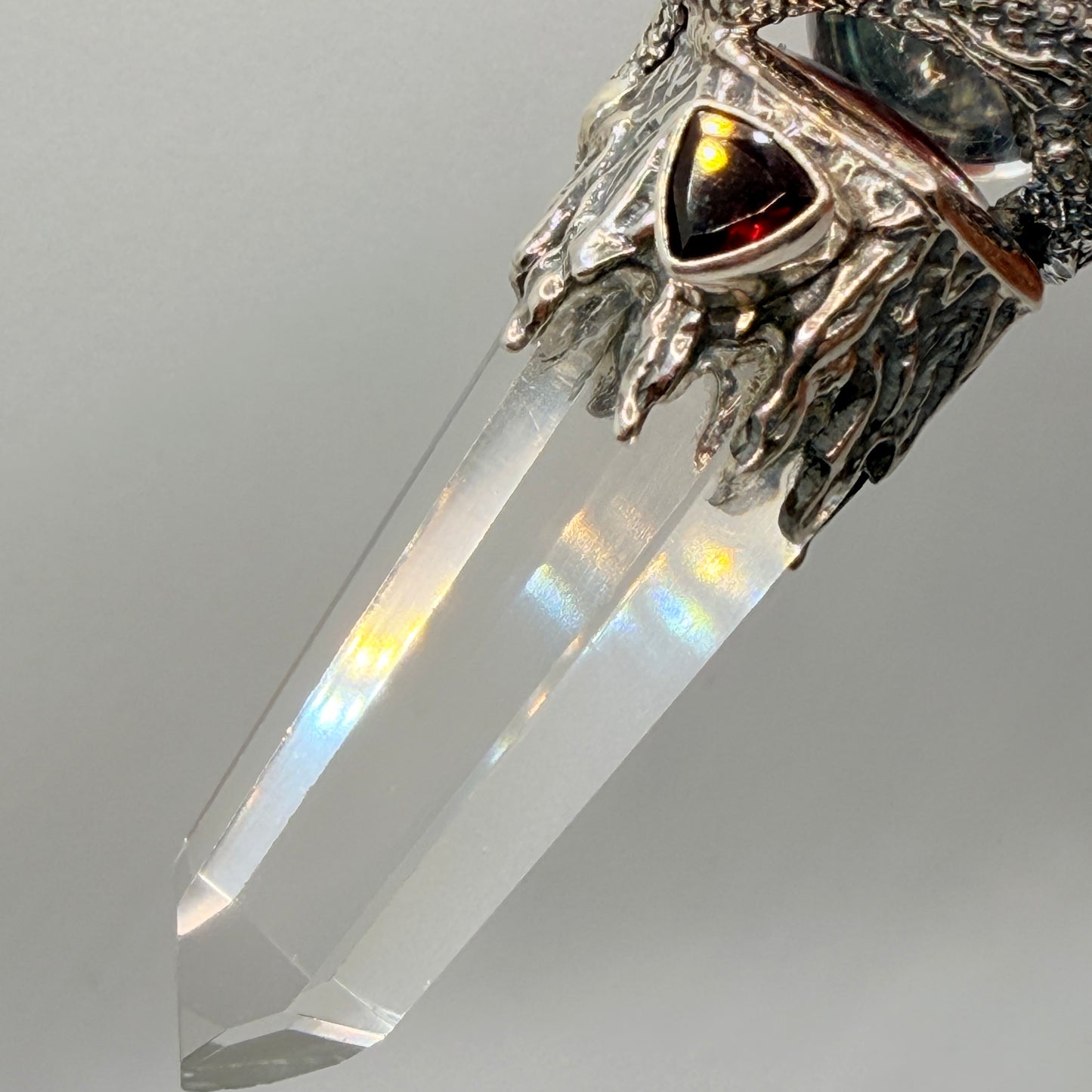 Gotland Sterling Silver Sphere on Dragon Quartz Tip Pendant with Garnet