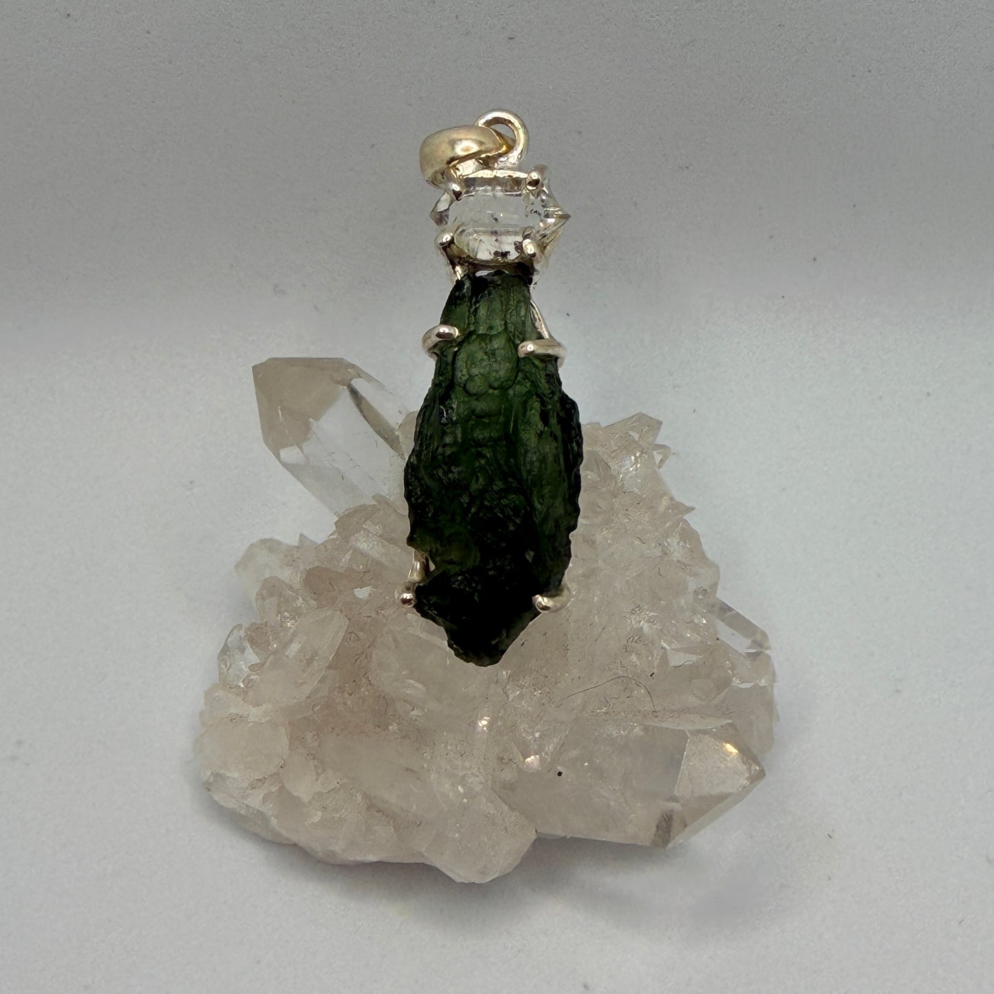 Moldavite + Herkimer Diamond Pendant 6.76 g 49x13mm .925 Silver
