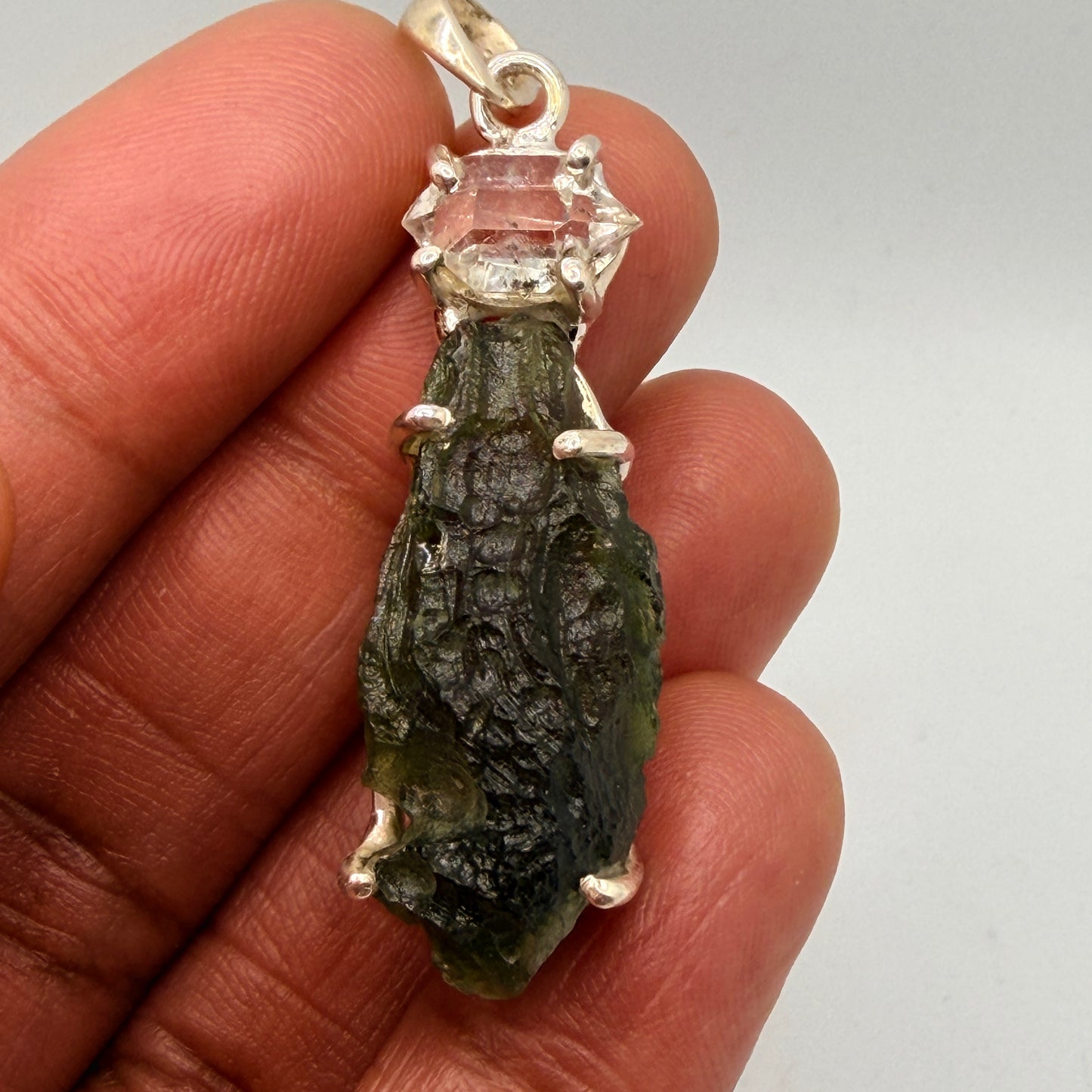 Moldavite + Herkimer Diamond Pendant 6.76 g 49x13mm .925 Silver
