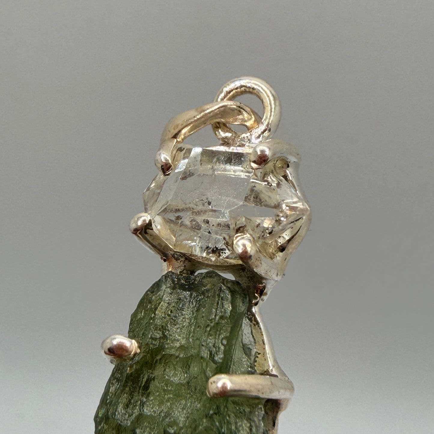 Moldavite + Herkimer Diamond Pendant 6.76 g 49x13mm .925 Silver