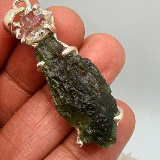 Moldavite + Herkimer Diamond Pendant 6.76 g 49x13mm .925 Silver