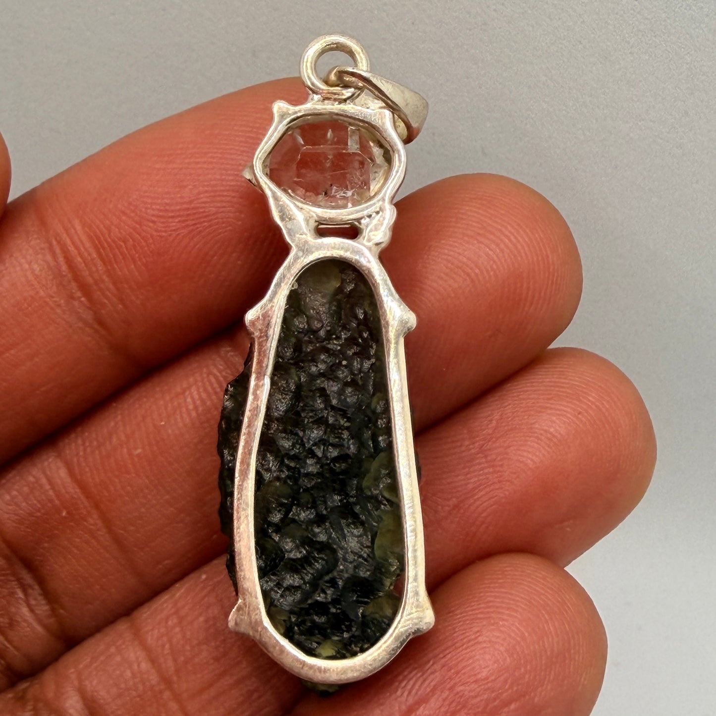 Moldavite + Herkimer Diamond Pendant 6.76 g 49x13mm .925 Silver