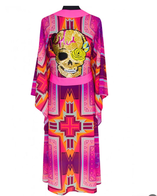 Sugar Skull Hot Pink Tribal Kimono