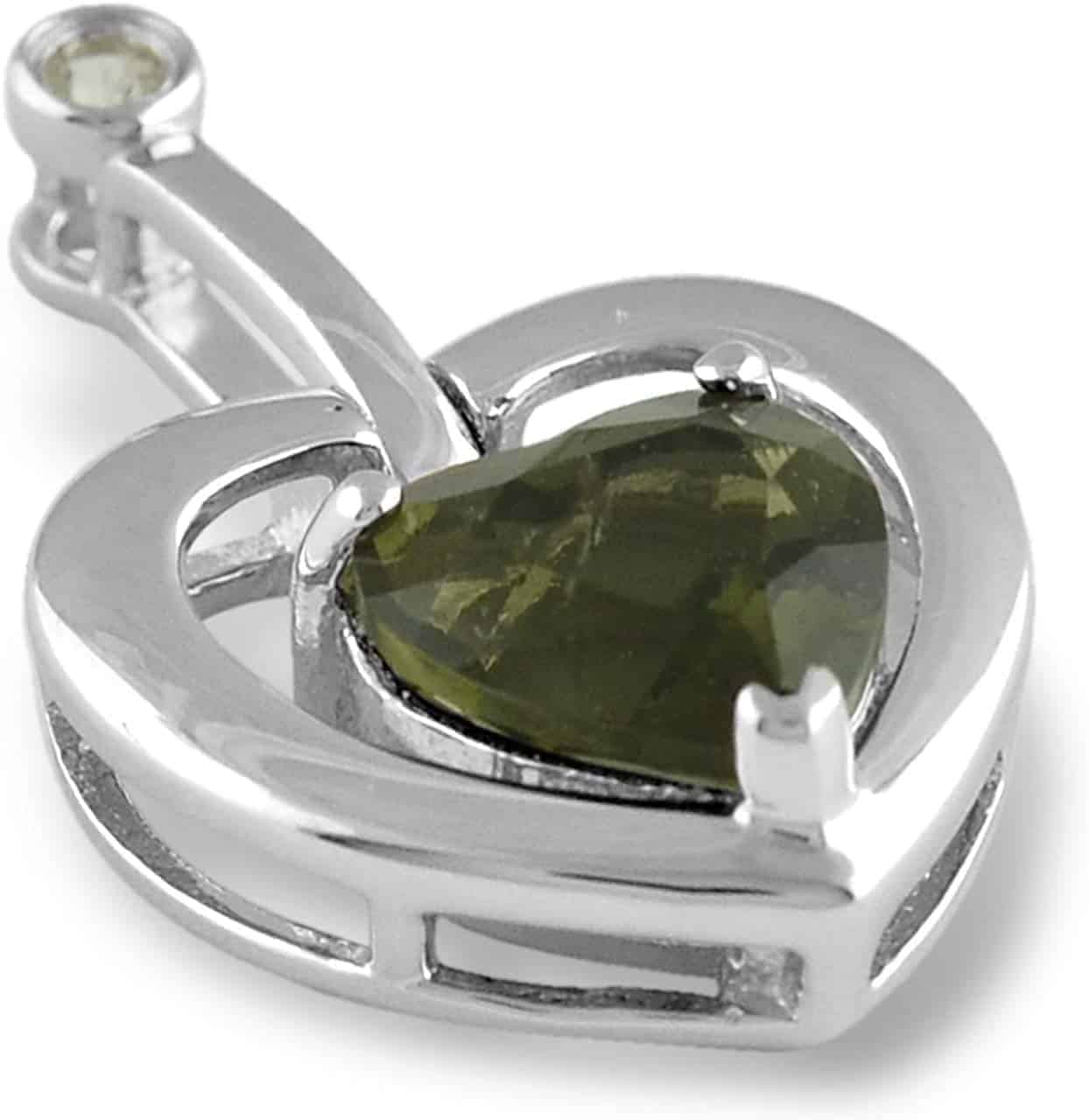 Starborn Faceted Moldavite Heart Pendant with White Topaz Accent in Sterling Silver