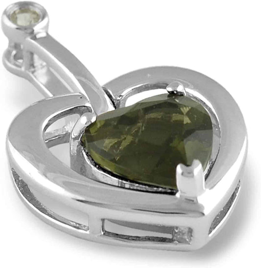 Starborn Faceted Moldavite Heart Pendant with White Topaz Accent in Sterling Silver