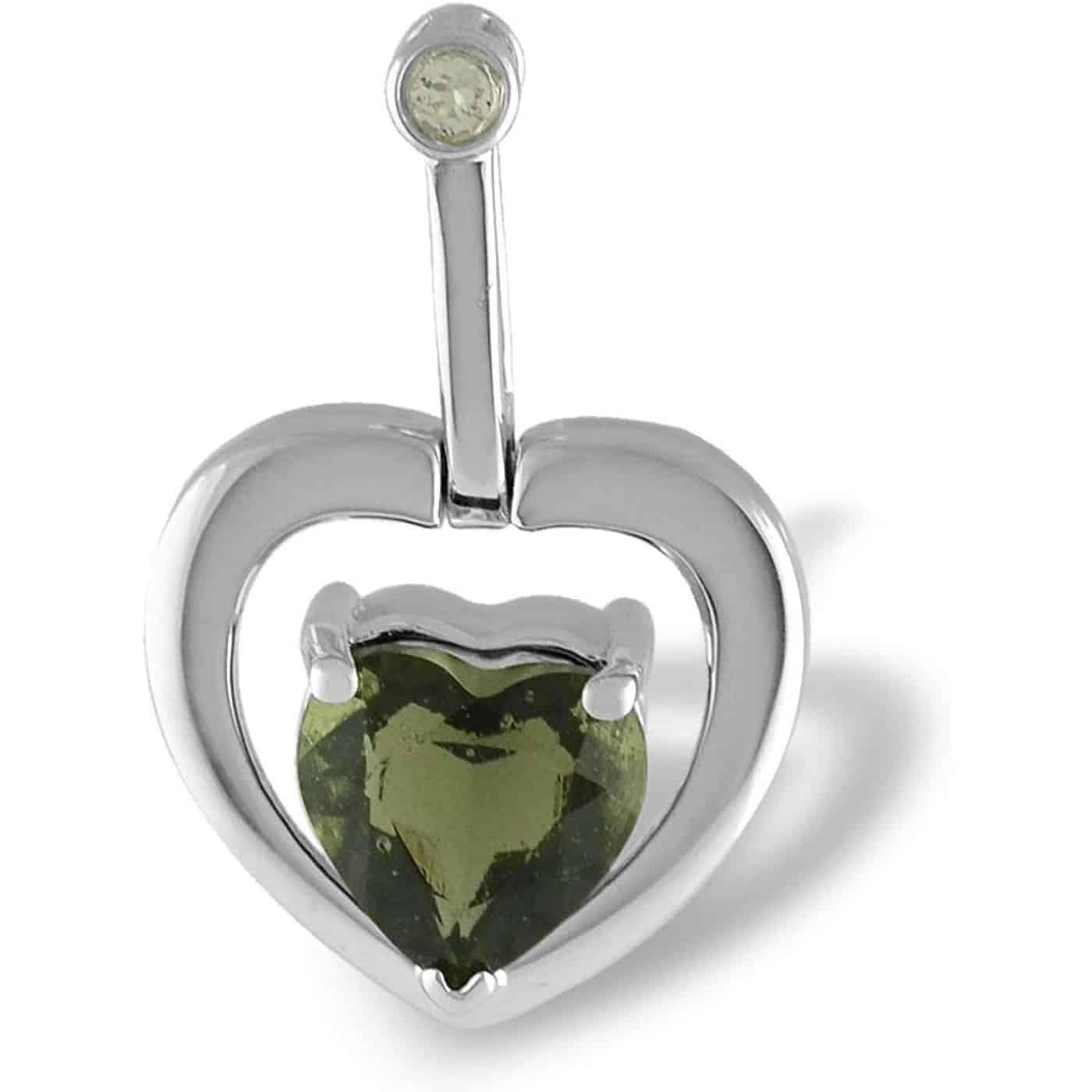 Starborn Faceted Moldavite Heart Pendant with White Topaz Accent in Sterling Silver