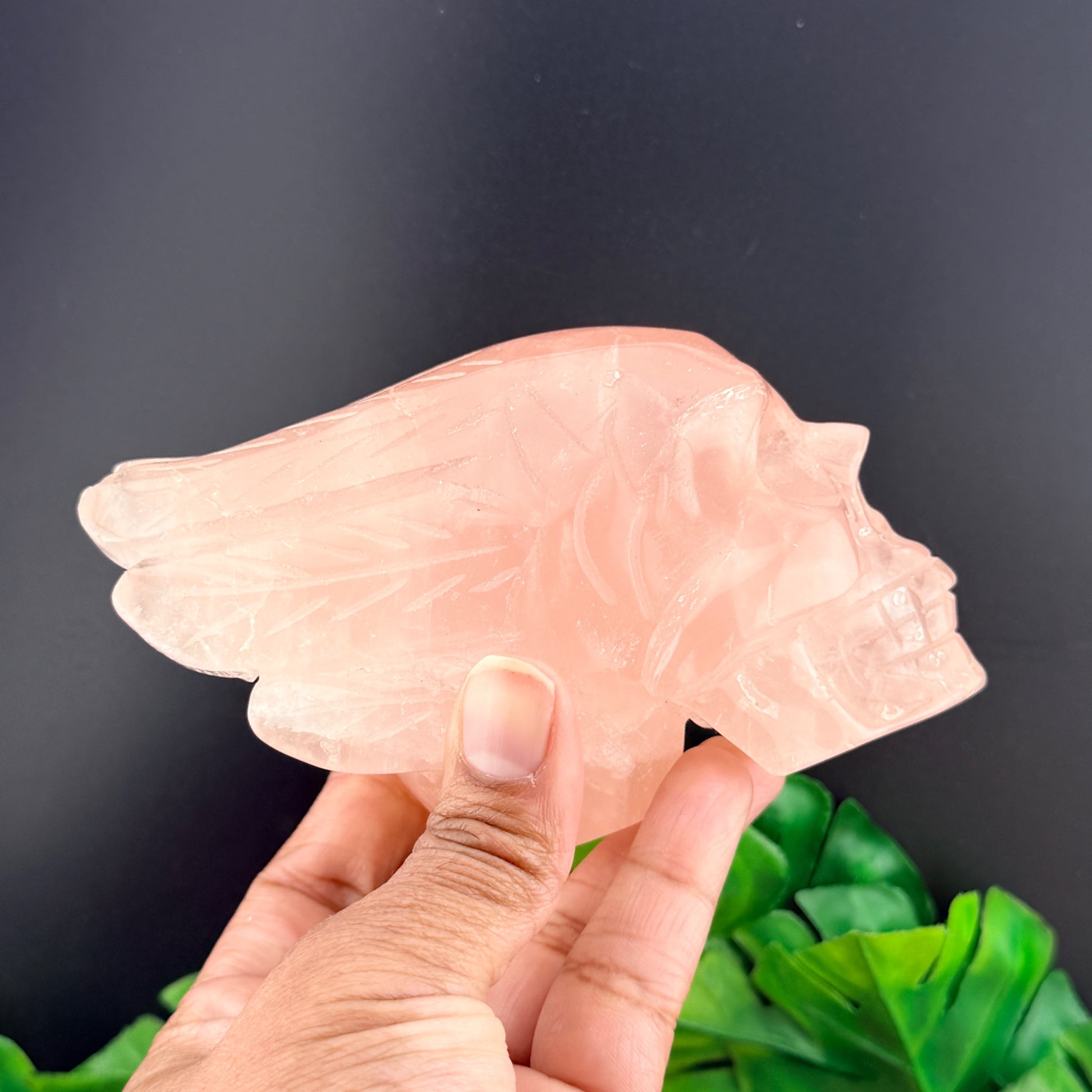Gemmy Rose Quartz Feather Skull
