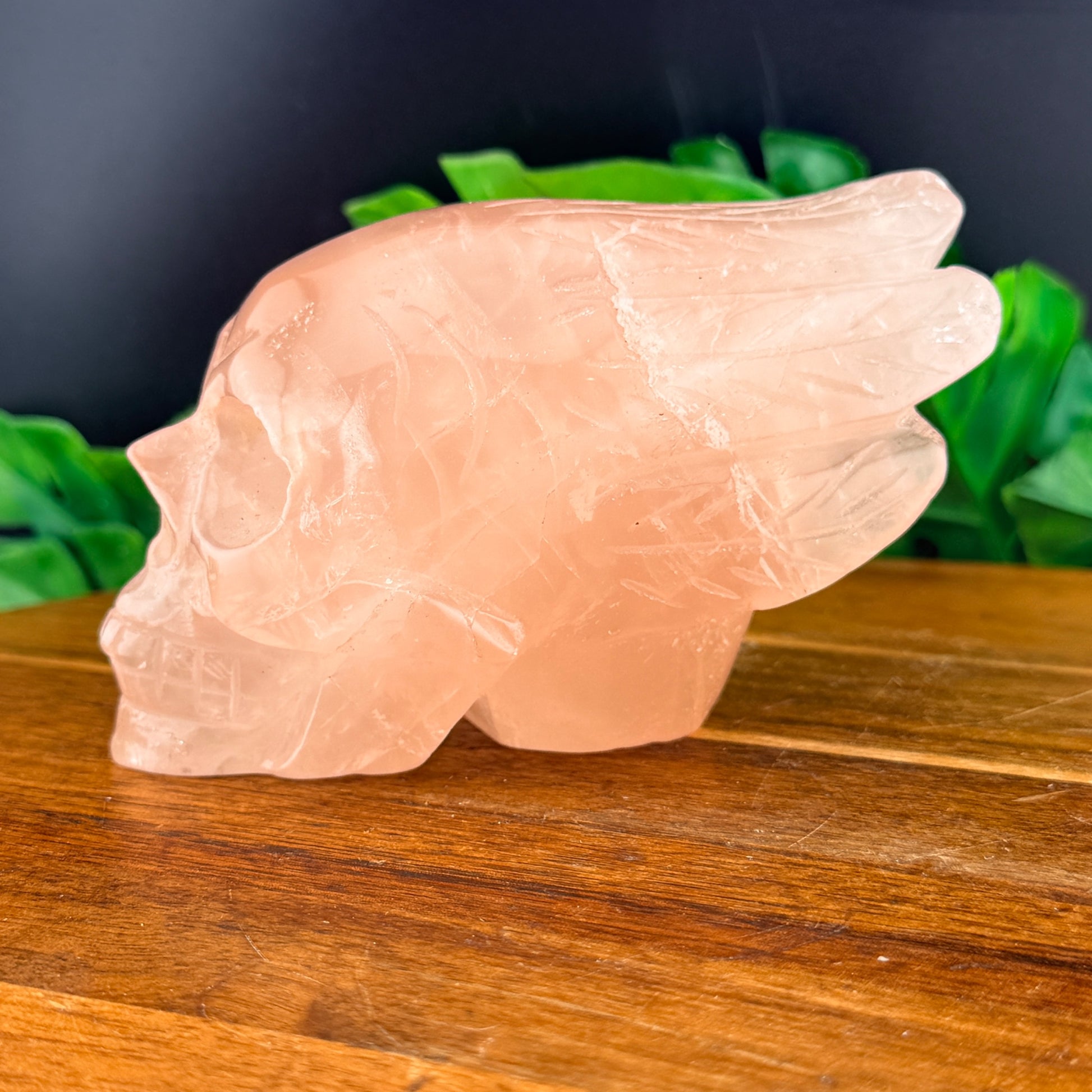 Gemmy Rose Quartz Feather Skull